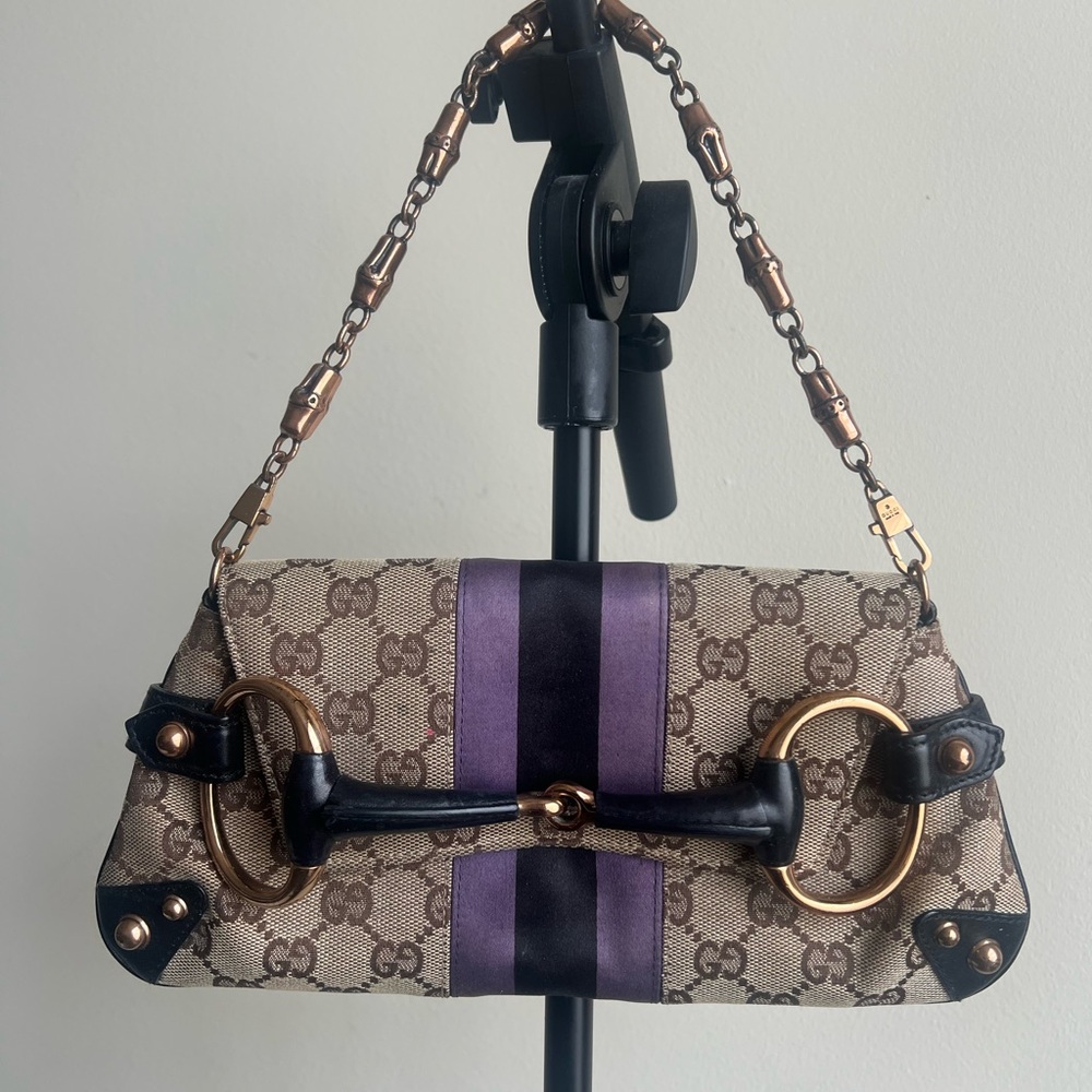 Gucci GG Canvas Horsebit Chain Beige and Purple Clutch